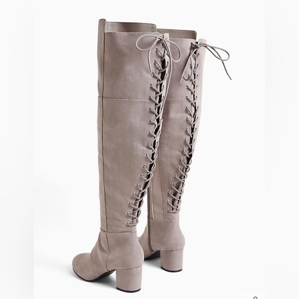 Torrid OTK Grey Suede lace up square heel boots WIDE FIT (foot, calf & thigh)